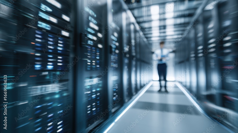 Poster medium shot revealing a futuristic data center with server racks in crisp clarity while the technici