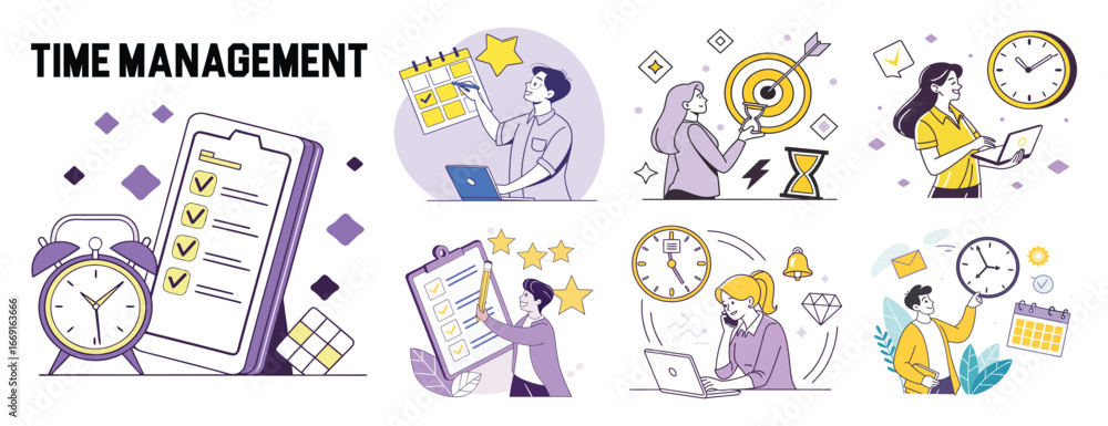 Poster time management illustrations featuring productivity concepts and deadline achievement for business 