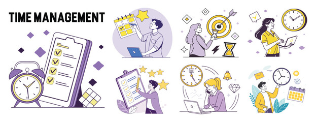 Time Management Illustrations Featuring Productivity Concepts and Deadline Achievement for Business Success and Efficient Workflow Optimization with Planning and Organization
