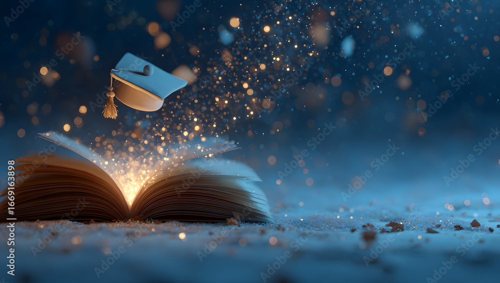 Poster a magical scene with an open book and a graduation cp floating above it, symboizing learning and aca