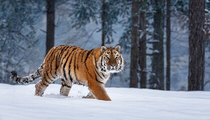 Obraz premium majestic saber toothed tiger gracefully prowling through snow covered forest landscape in winter