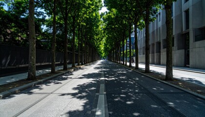 Stunning tree-lined avenue creates vibrant urban oasis, perfect for serene cityscapes and modern backgrounds