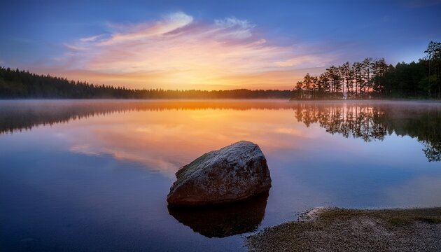 tranquil sunrise over a calm lake with a solitary rock in the foreground reflecting soft colors