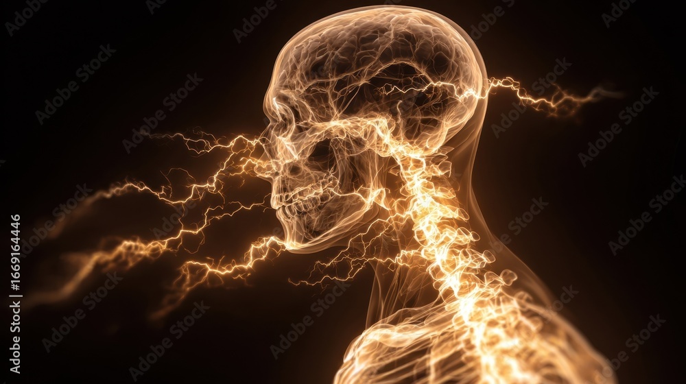 Poster digital medical visualization of skeletal system highlighted with jagged light streaks symbolizing s