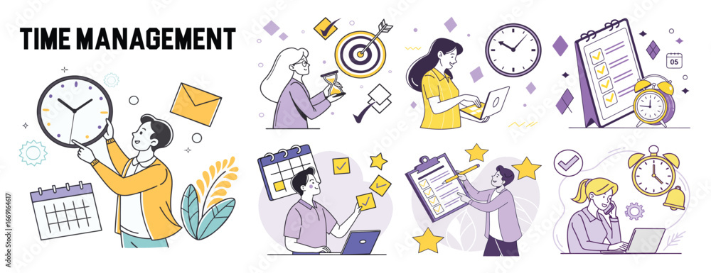 Poster diverse time management illustrations showcasing productivity and efficiency in modern workplace pra