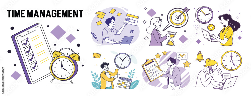 Poster time management illustration showing efficiency productivity and planning with digital tools and tra