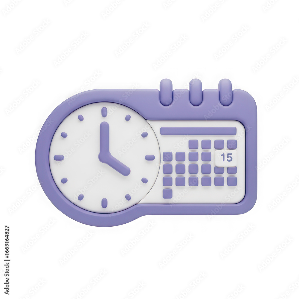 Poster 3d icon of a 3d illustration of a purple clock and calendar icon combined, representing time managem