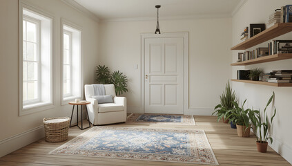 Bright, spacious entryway with a white armchair, patterned rugs, plants, and a wooden floor. Natural light streams through the windows.
