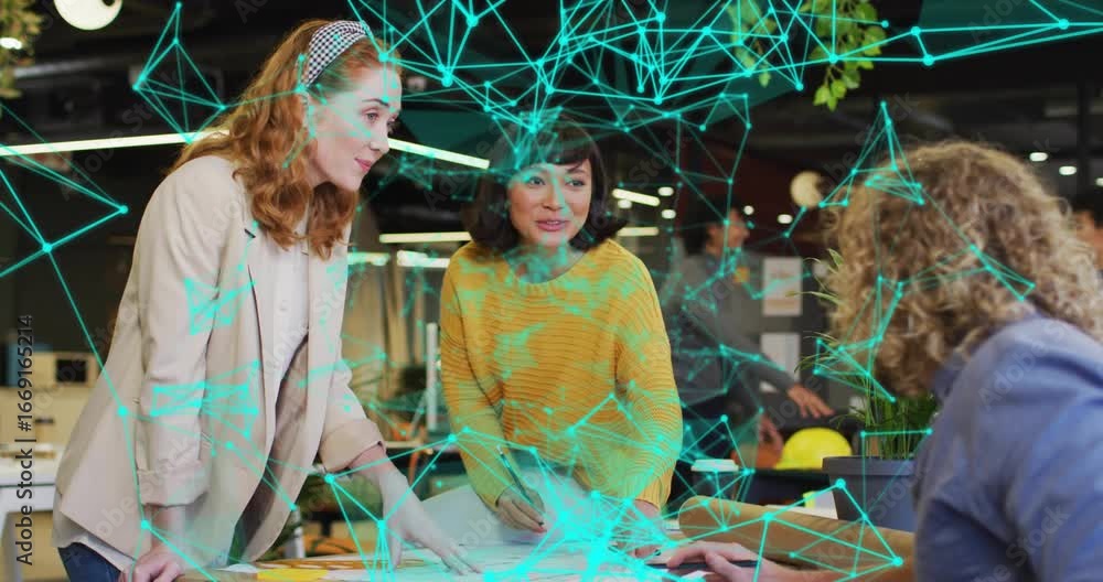 Poster three designers leaning over design plans with network graphics animating on desk guiding teamwork