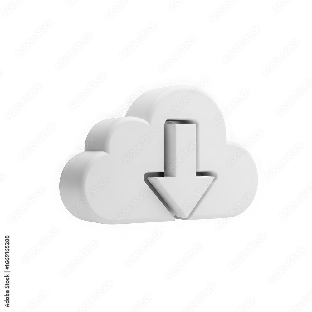 Poster 3d icon of 3d white cloud icon with a downward arrow inside, isolated on transparent background