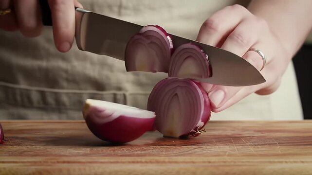 Close Up of Hands Carefully Slicing a Red Onion on a Wooden Cutting Board with a Serrated Knife for Meal Preparation Emphasizing Freshness and Culinary Skill, Ideal for Food Content and