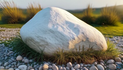 illustration of a rough white boulder surrounded by grass and pebbles on an outdoor landscape