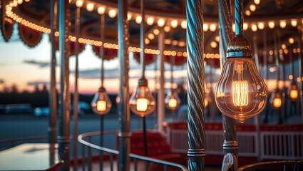 Mirrored Carousel Poles with Soft Glow of Bulbs