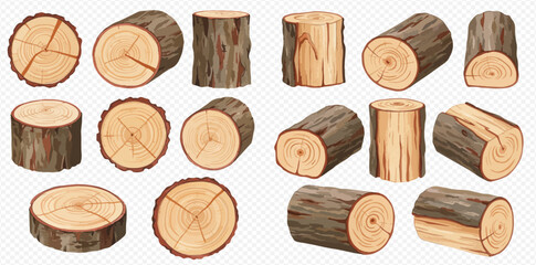 A collection of illustrated wooden logs, tree stumps, and round slices from different angles, showing bark and annual rings.
