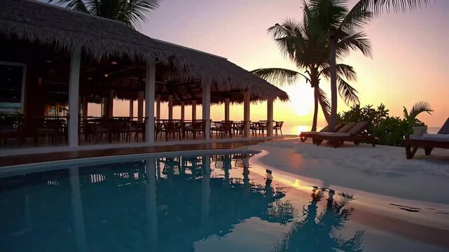 Island Resort Beach Bar and Eatery with Swimming Pool and Palm Trees During the Sunset's Golden Hour
