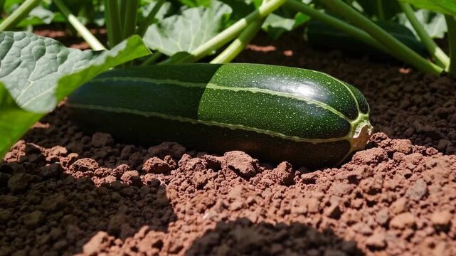single zucchini squash plant growing in agricultural field, with the red soil visible in close detail