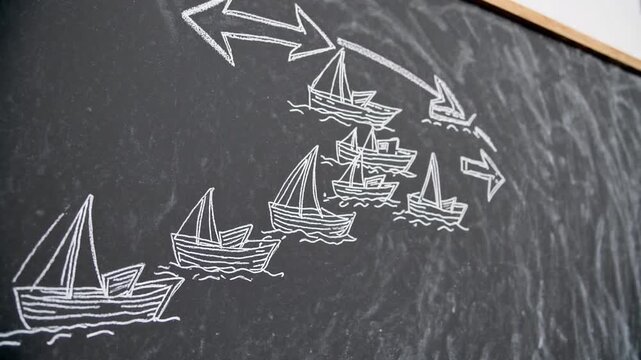 Notion of guidance and direction illustrated with nautical vessels drawn on blackboard