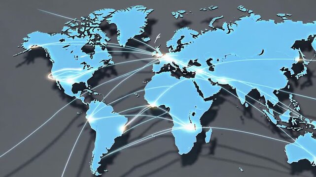 Graphical Representation of the World Map Rendered in Light Blue Color Scheme with Lines Radiating from Its Central Point Global