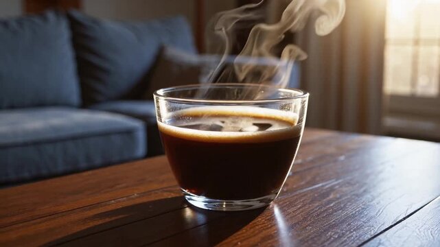 glass mug filled with hot coffee sitting on table inside comfortable living room with morning light coming through window and sofa in the background