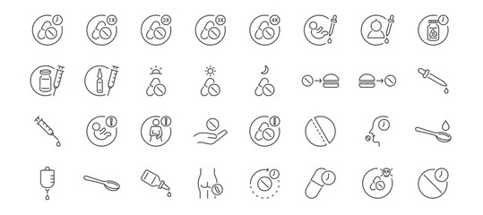 Dosage vector icon set with daily dosage, dosing interval, dosage for children and baby, dosing schedule, single dose and multiple-dose, and toxic dose