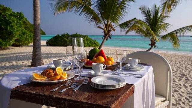 Luxury breakfast food on wooden table. Luxury breakfast food on wooden table, with beautiful tropical Maldives island background, morning time holiday vacation concept. beach