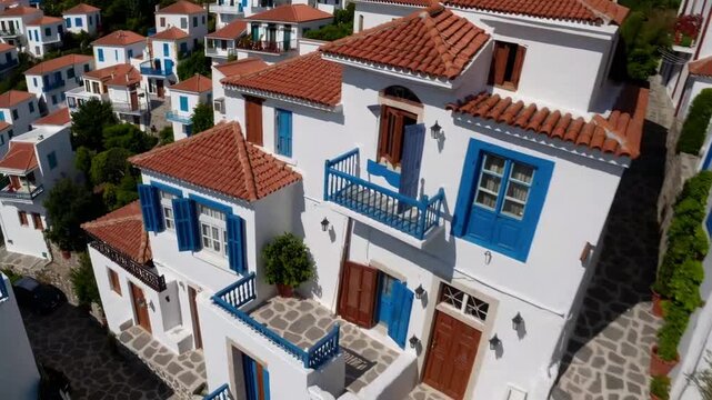 Domestic building design on mediterranean isle community structures on incline