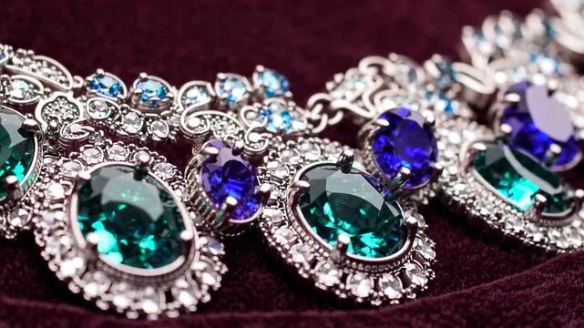 Earrings and other jewelry pieces adorned with diamonds and precious gemstones including emeralds, rubies, and sapphires