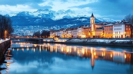 Obraz premium Evening Cityscape: Illuminated Buildings Reflecting in Tranquil River, Snowy Mountains Backdrop.