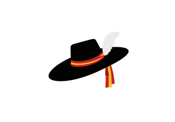 Traditional Spanish Black Hat with Ribbon and Feather.
