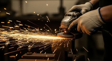 Worker grinding metal with angle grinder, in a dark workshop, sparks and fire, industrial manufacturing concept
