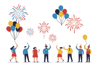 Joyful Celebration: Diverse People Enjoying Fireworks and Balloons.
