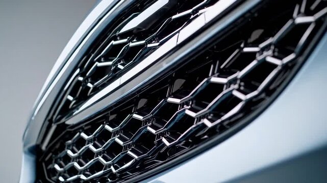 Abstract perspective of sleek performance vehicle's front fascia and ventilation intake system, showcasing detailed macro capture with softly blurred backdrop and nuanced surface finish