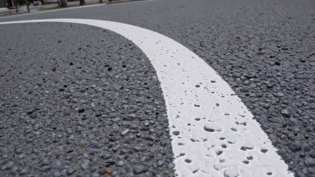 White painted stripe and curved marking on dark paved surface, man-made traffic or design element on the roadway