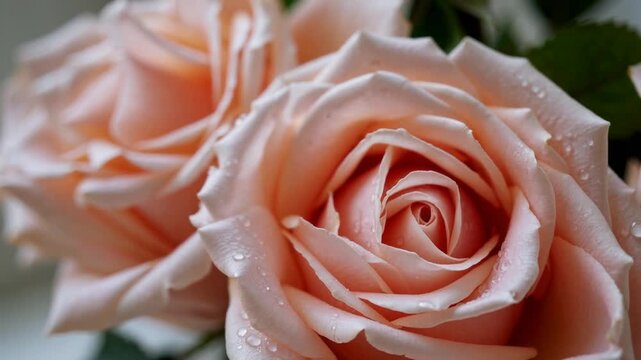 Intimate close-up perspective of peach-toned rose blossoms serving as delicate backdrop for romantic events