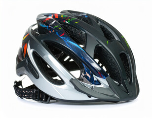 A close-up of a bicycle helmet with a multi-colored abstract design on a white background