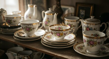 High-angle view of a collection of antique, porcelain teacups and saucers in a dusty antique shop