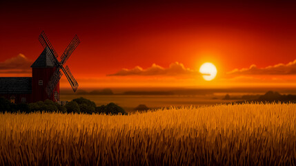 Naklejka premium Retro Risograph-style windmill in a field, layered yellow and green tones, halftone clouds