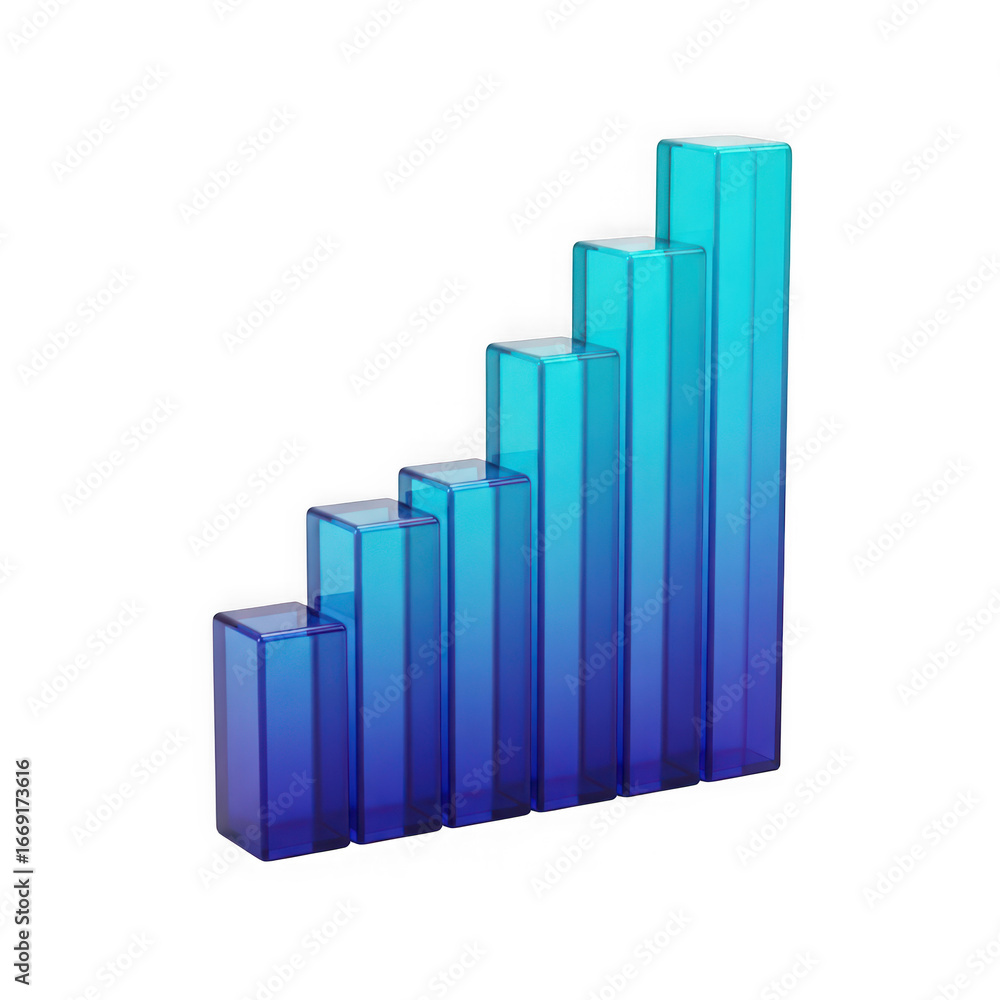 Poster 3d icon of blue translucent bar graph showing upward trend isolated on transparent background