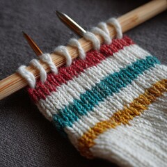 A knitting needle with a red, white, and blue striped yarn