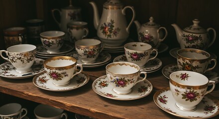 Fototapeta premium High-angle view of a collection of antique, porcelain teacups and saucers in a dusty antique shop