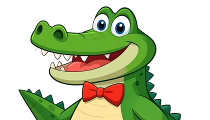 Fototapeta premium A cheerful cartoon crocodile wearing a bow tie, points with its arm