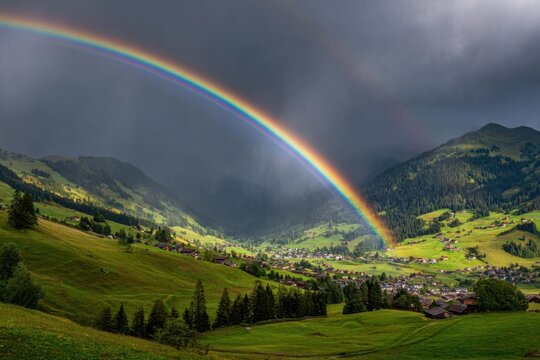 A vibrant rainbow arches over a lush green valley with a village, rolling hills, dense forests, and stormy skies in the background.