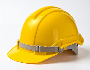 Fototapeta premium A shiny yellow protective construction hard hat with a chinstrap on a white background