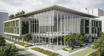 Fototapeta premium Modern glass building with green walls and sustainable architectural design.