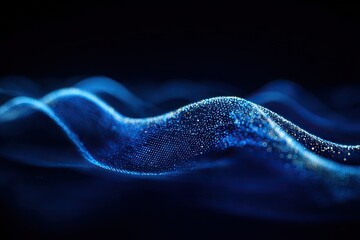 Abstract digital waves of glowing particles in deep blue and gold