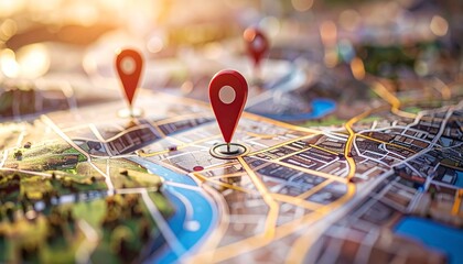 Red location pins on a city map representing strategic business placement and GPS navigation
