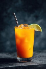 A glass of vibrant orange drink with ice cubes, a lime slice garnish, and a metal straw, set against a dark blurred background.
