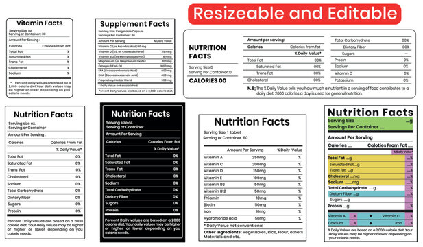 Editable Nutrition Facts and  lavel Templete , Vitamin and Supplement Facts Template.