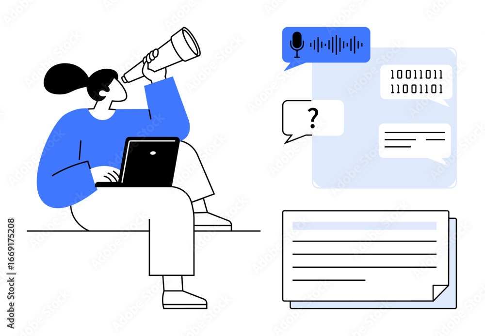 Poster woman using a laptop and telescope, surrounded by speech bubbles, binary code, and communication ico