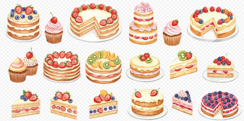 A delicious assortment of watercolor cakes, slices, and cupcakes decorated with fresh berries and fruits on a transparent background.